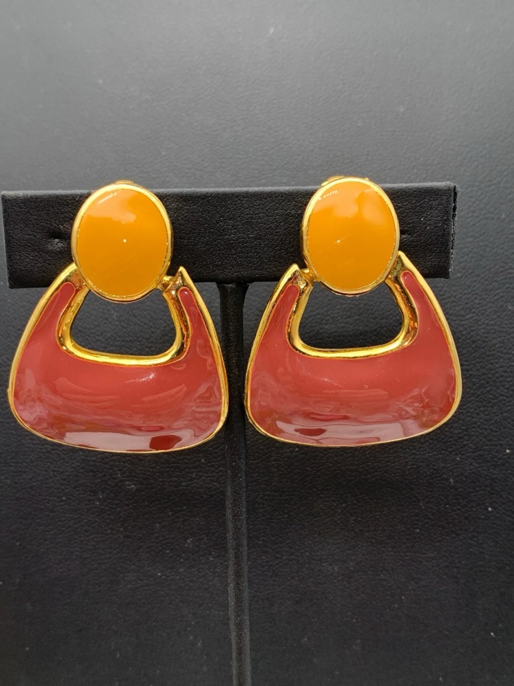 Gold-Tone burnt Orange and brick Red Enamel door knocker style clip on Earrings